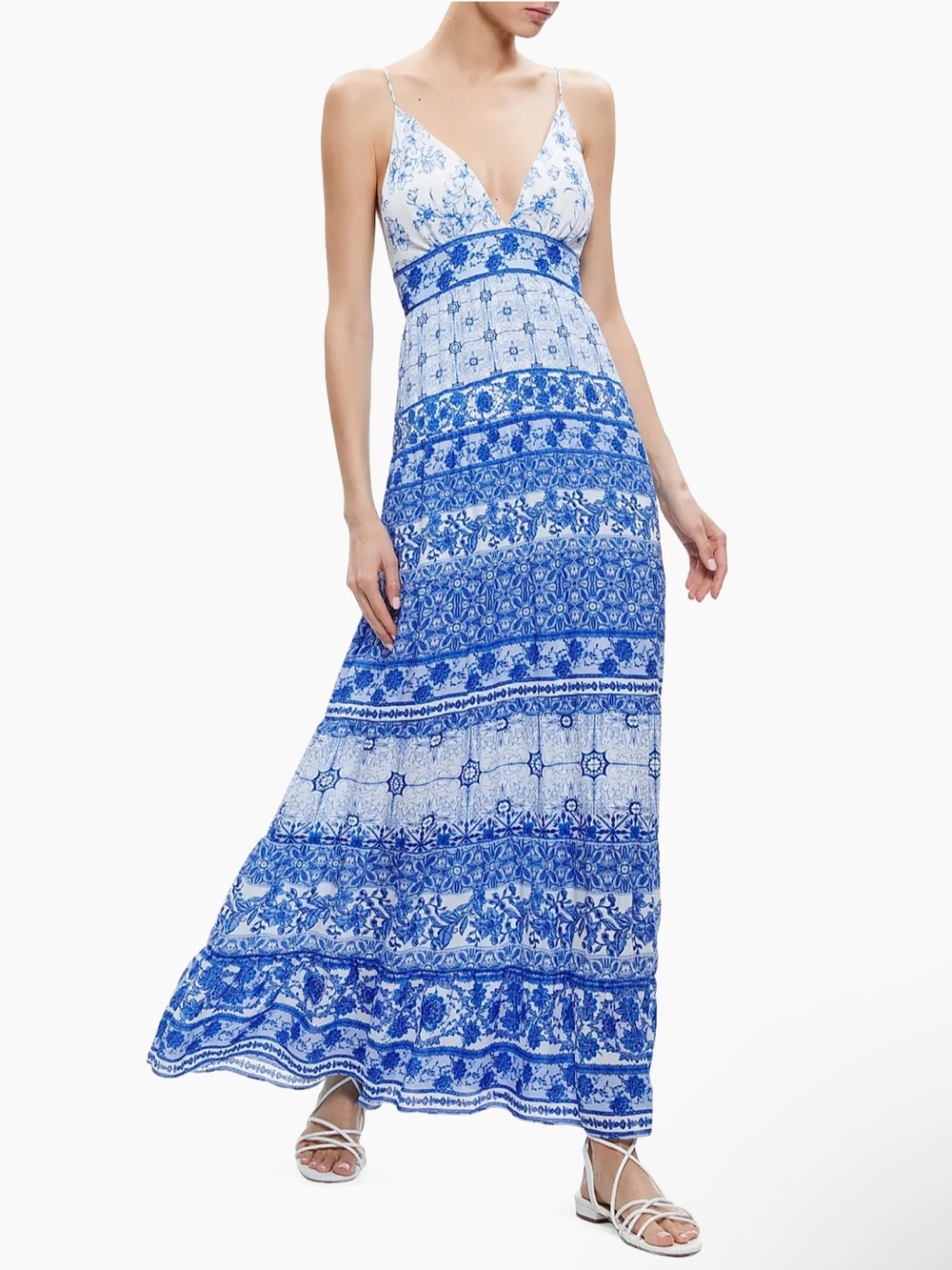 NWT Alice & Olivia Karolina Tie Back Maxi Dress Blue White Greek Tile Sz 6